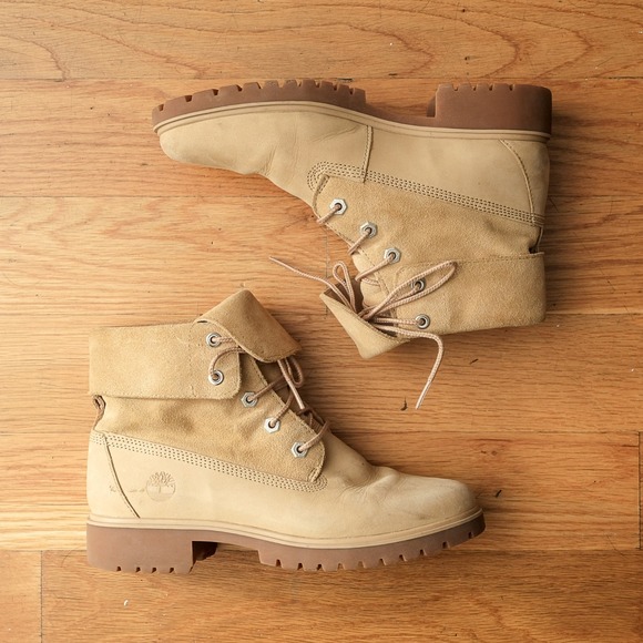 Timberland Women's Jayne Fold-Down Leather Boot Medium Beige Nubuck Size 8 Y2K - Picture 1 of 8